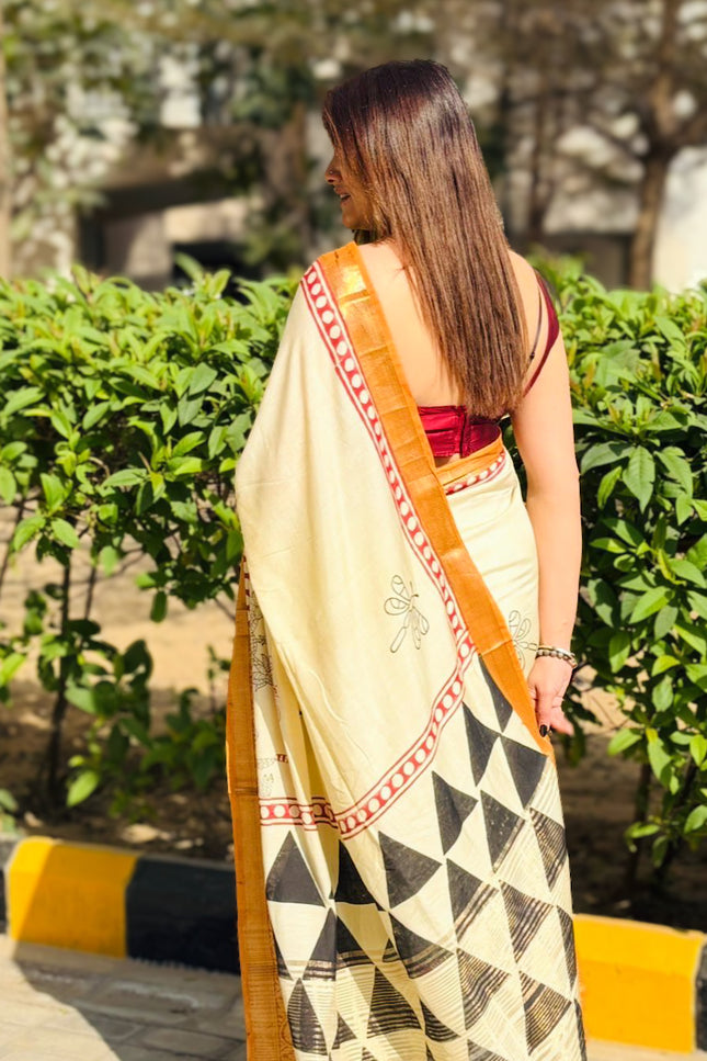 Morning Light Block Print Dola Silk Saree