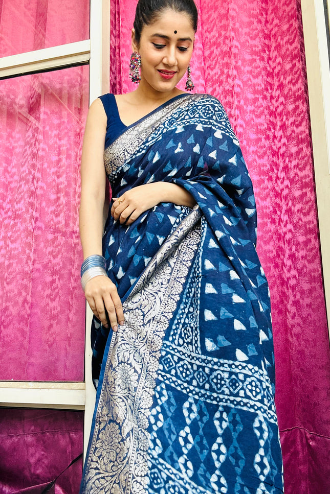 Nila Ratri Handblock Dola Silk Saree