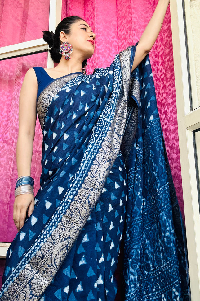 Nila Ratri Handblock Dola Silk Saree