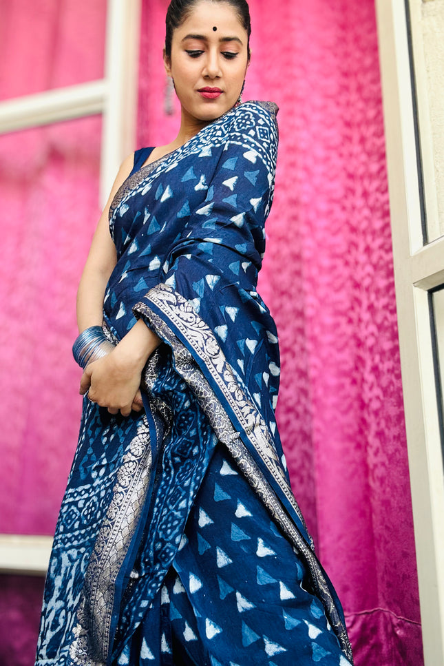 Nila Ratri Handblock Dola Silk Saree