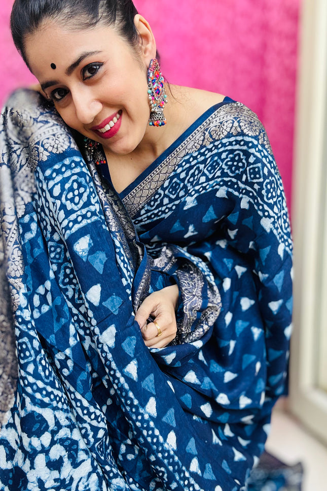 Nila Ratri Handblock Dola Silk Saree