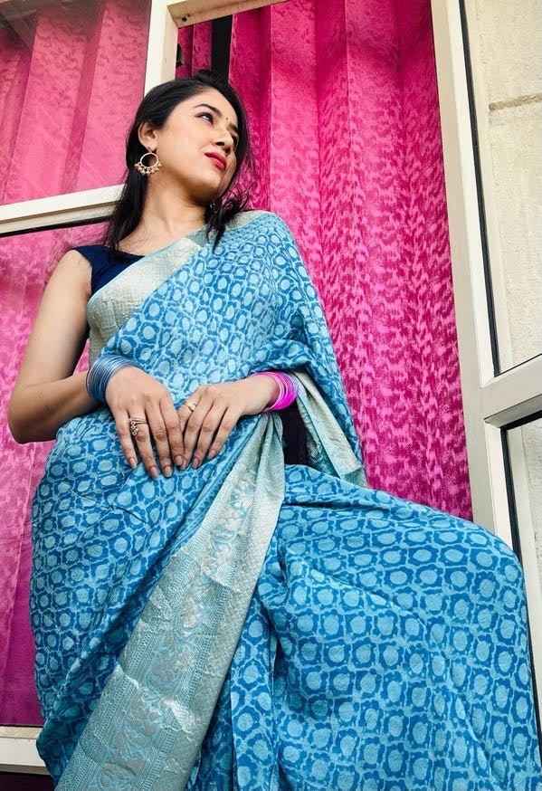Radha Rasika Handblock Dola Silk Saree