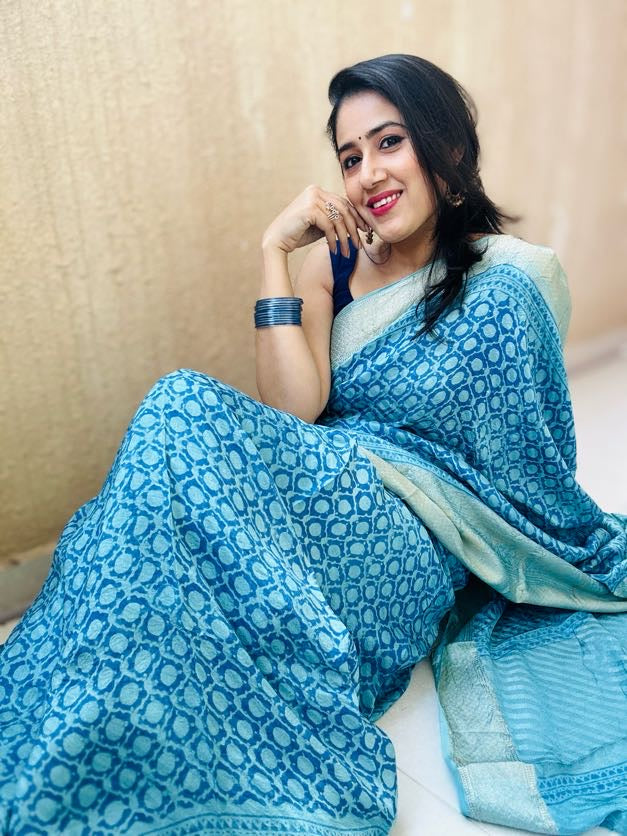 Radha Rasika Handblock Dola Silk Saree
