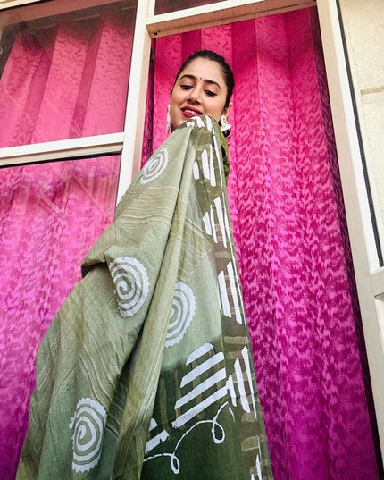 Handblock Olive Saree with Tribal Print