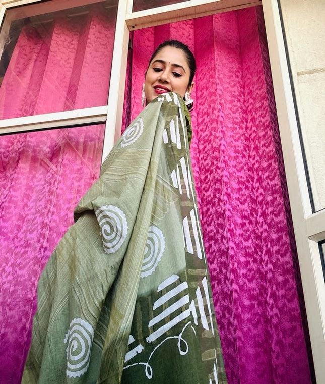 Handblock Olive Saree with Tribal Print