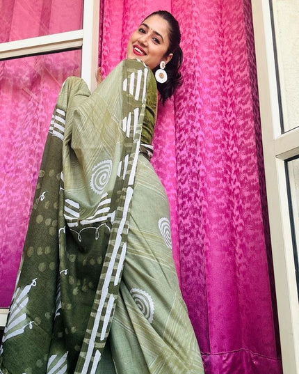 Handblock Olive Saree with Tribal Print