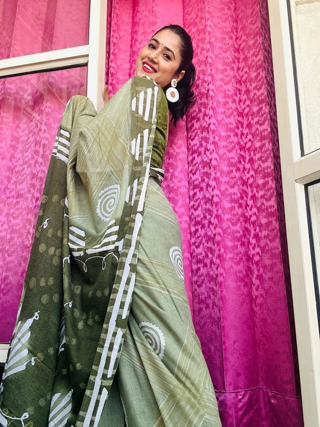Handblock Olive Saree with Tribal Print