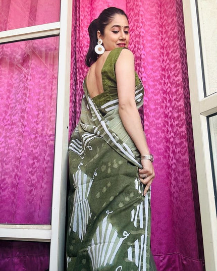 Handblock Olive Saree with Tribal Print
