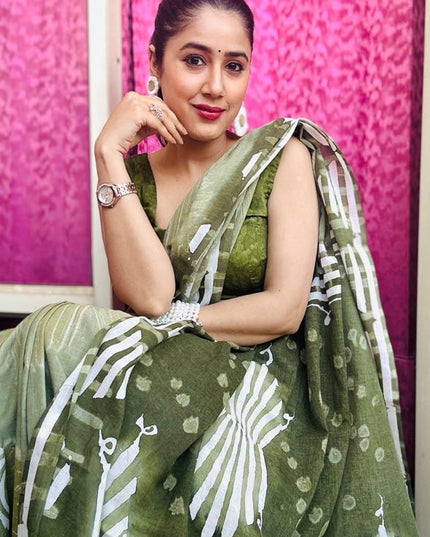 Handblock Olive Saree with Tribal Print