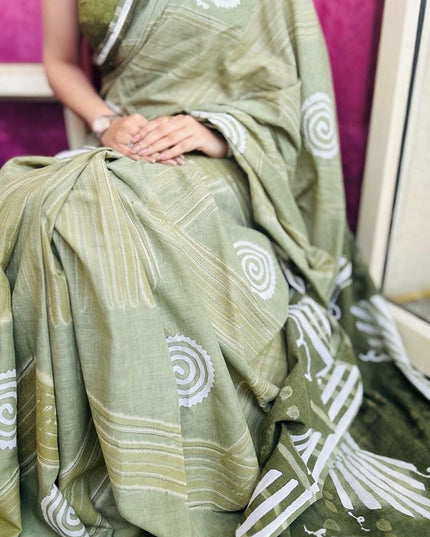 Handblock Olive Saree with Tribal Print