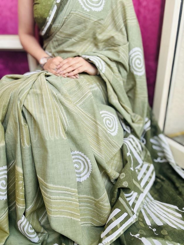 Handblock Olive Saree with Tribal Print