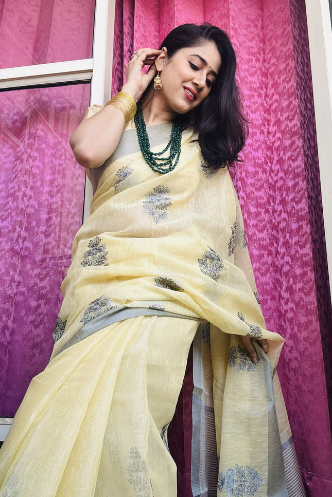 Yellow Butter - Tissue Linen Saree with Zari border