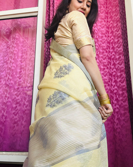 Yellow Butter - Tissue Linen Saree with Zari border