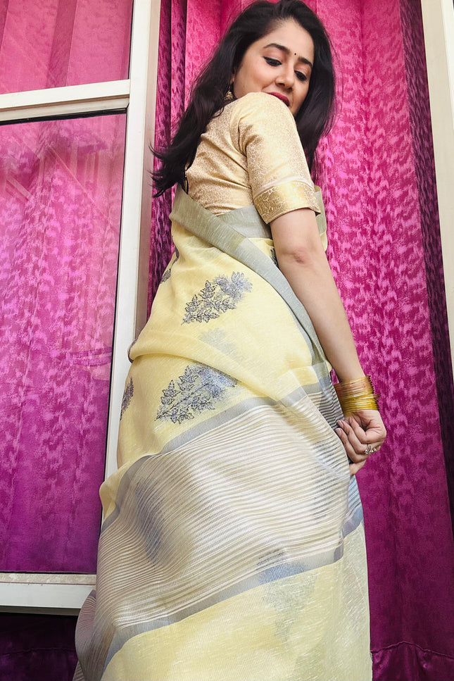 Yellow Butter - Tissue Linen Saree with Zari border