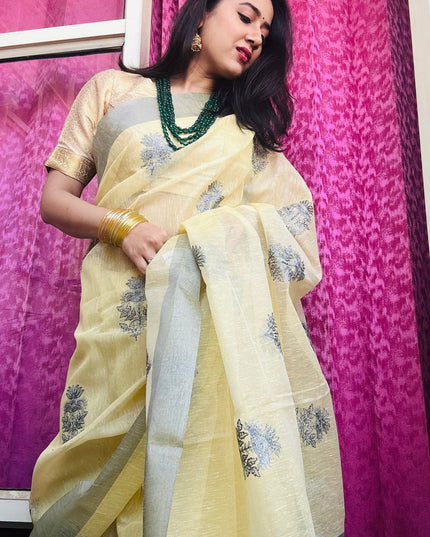 Yellow Butter - Tissue Linen Saree with Zari border
