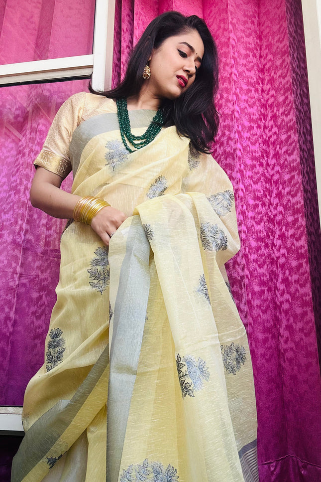 Yellow Butter - Tissue Linen Saree with Zari border