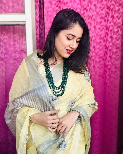 Yellow Butter - Tissue Linen Saree with Zari border