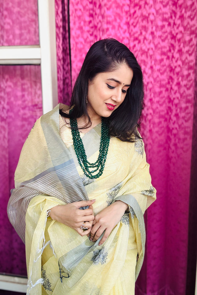 Yellow Butter - Tissue Linen Saree with Zari border