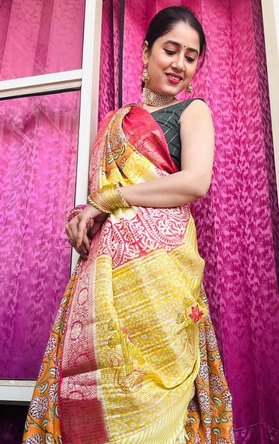 Kanaka Lata Block Print Dola Silk Saree