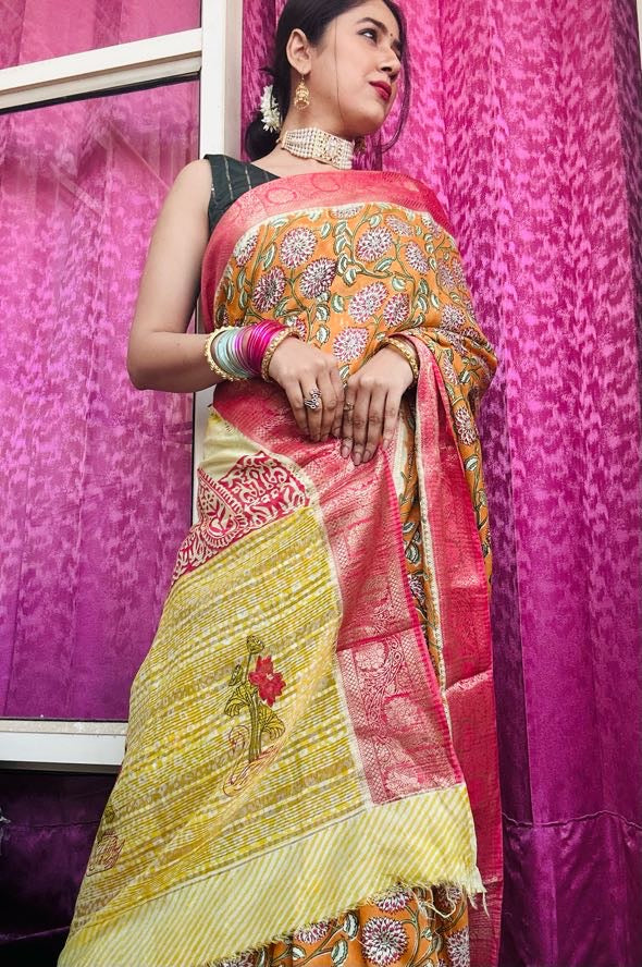Kanaka Lata Block Print Dola Silk Saree