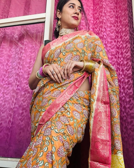 Kanaka Lata Block Print Dola Silk Saree