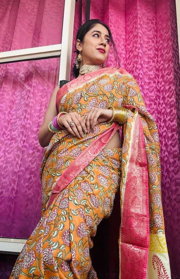 Kanaka Lata Block Print Dola Silk Saree