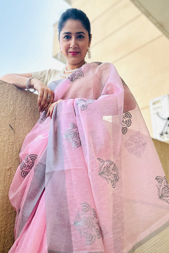 Soft Whispers - Tissue Linen Saree with Zari border