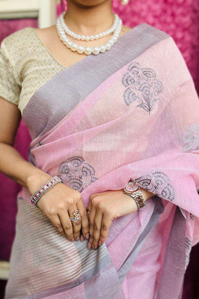 Soft Whispers - Tissue Linen Saree with Zari border