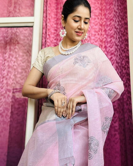 Soft Whispers - Tissue Linen Saree with Zari border