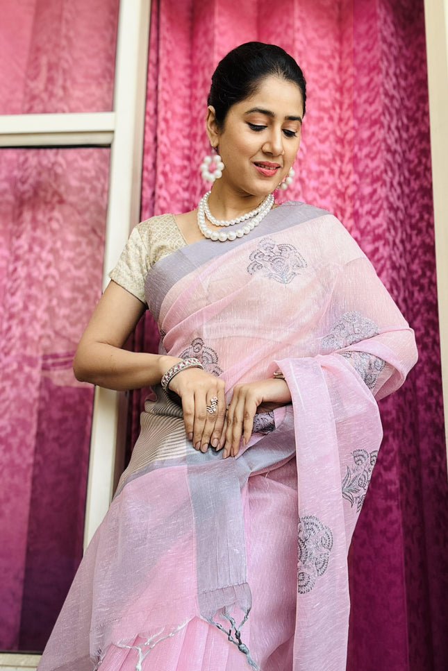 Soft Whispers - Tissue Linen Saree with Zari border