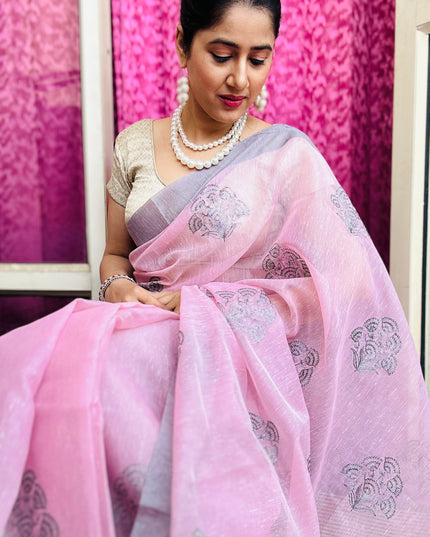 Soft Whispers - Tissue Linen Saree with Zari border