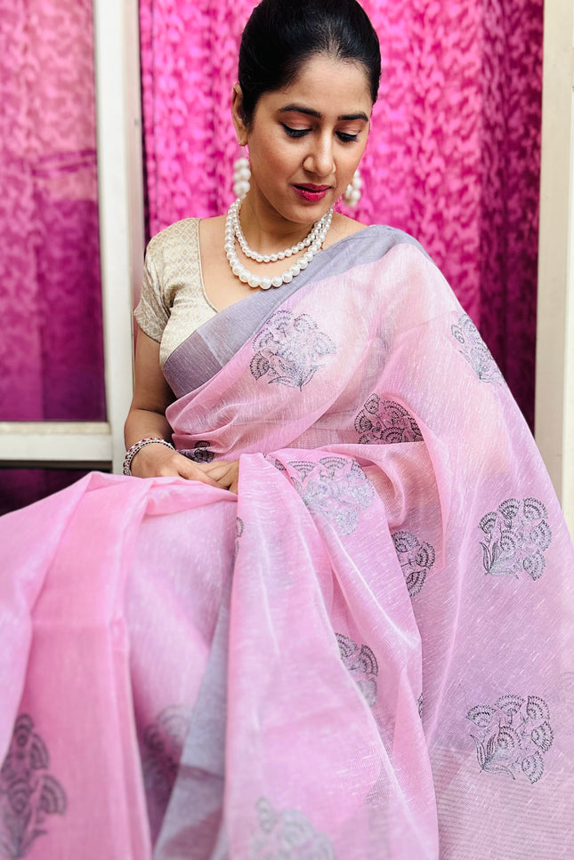 Soft Whispers - Tissue Linen Saree with Zari border