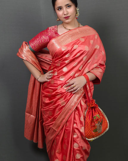Peach Banarasi Saree with Golden Zari Motifs