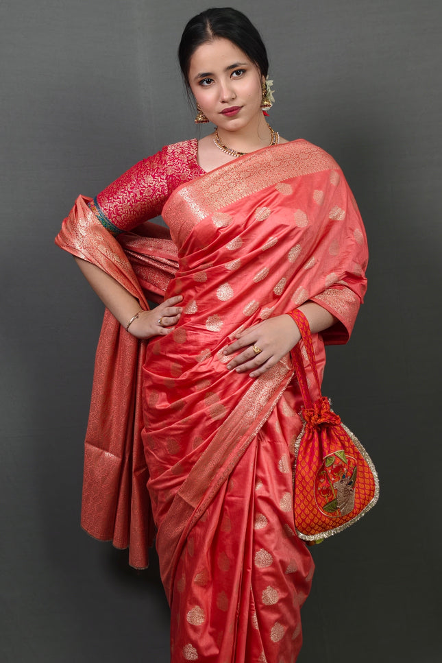 Peach Banarasi Saree with Golden Zari Motifs