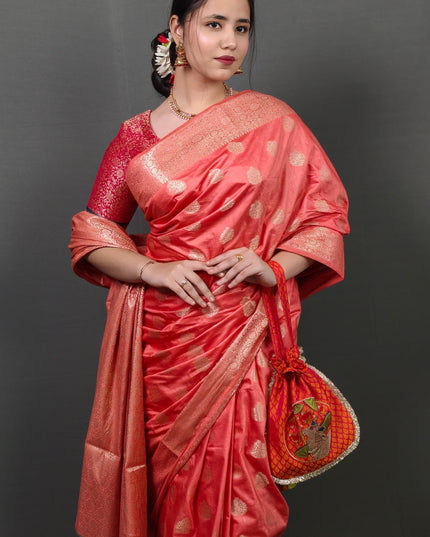 Peach Banarasi Saree with Golden Zari Motifs