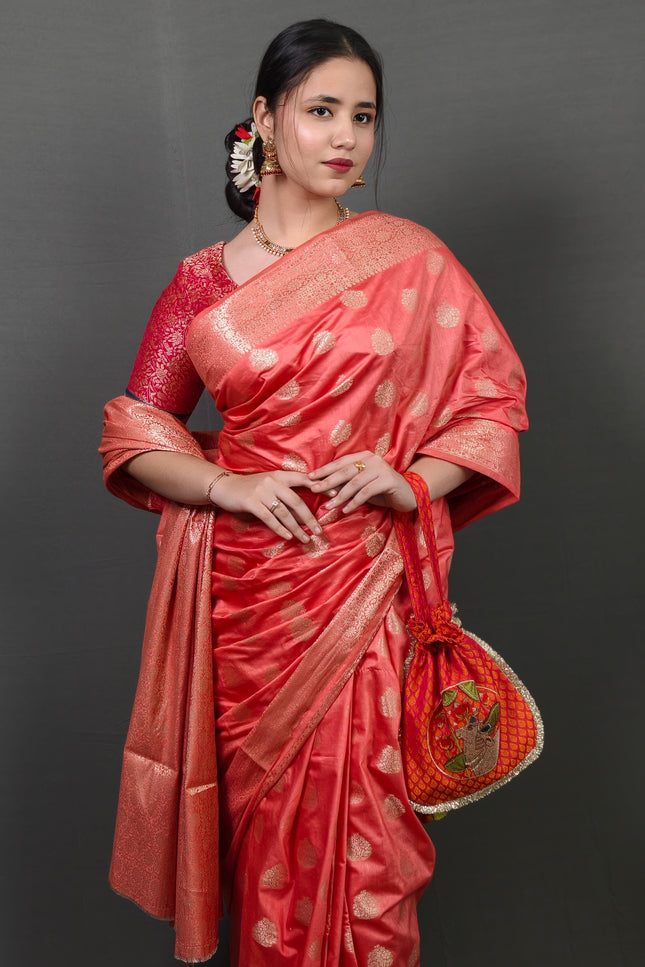 Peach Banarasi Saree with Golden Zari Motifs