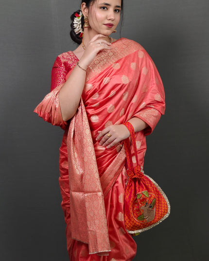 Peach Banarasi Saree with Golden Zari Motifs