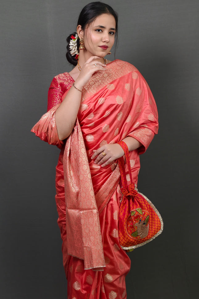 Peach Banarasi Saree with Golden Zari Motifs
