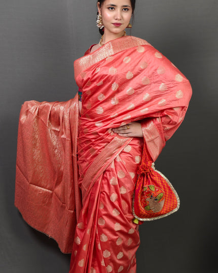 Peach Banarasi Saree with Golden Zari Motifs