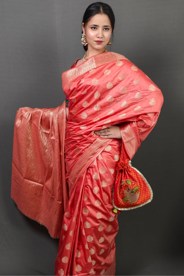 Peach Banarasi Saree with Golden Zari Motifs