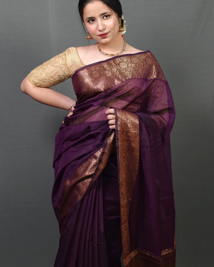 Majestic Mulberry Gold Border Banarasi Saree