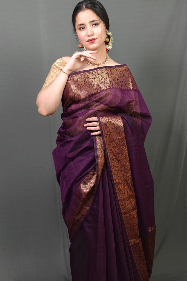 Majestic Mulberry Gold Border Banarasi Saree