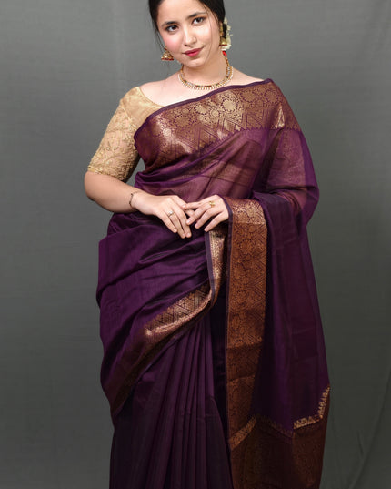 Majestic Mulberry Gold Border Banarasi Saree