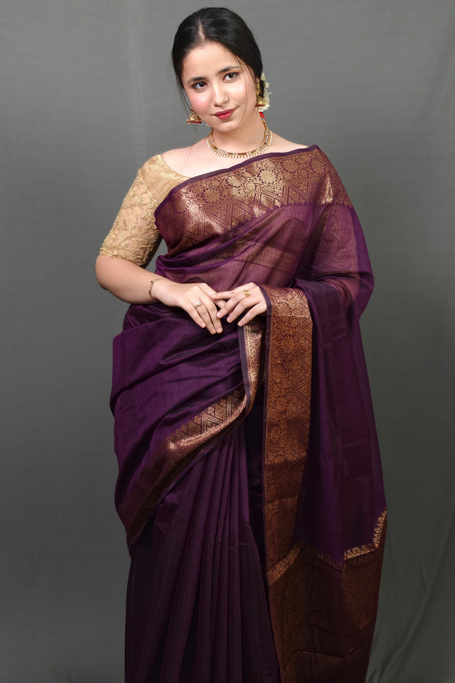 Majestic Mulberry Gold Border Banarasi Saree