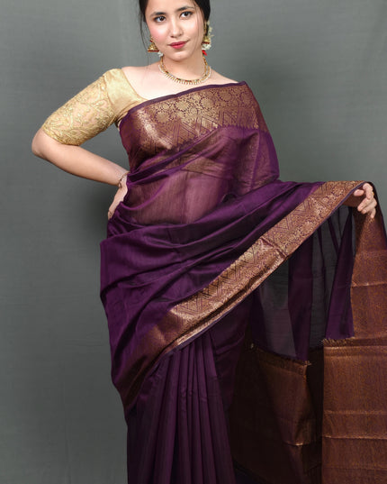Majestic Mulberry Gold Border Banarasi Saree