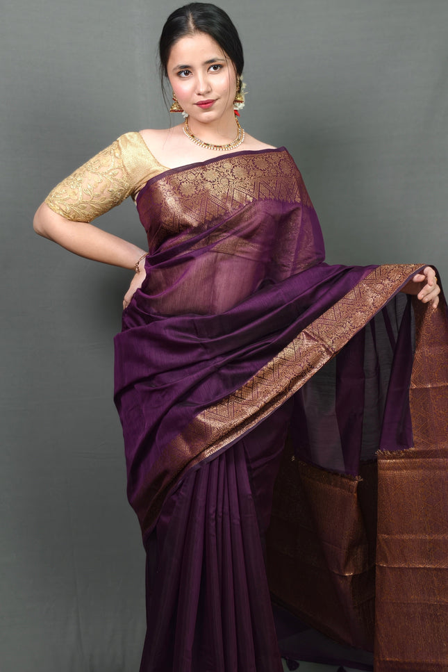 Majestic Mulberry Gold Border Banarasi Saree