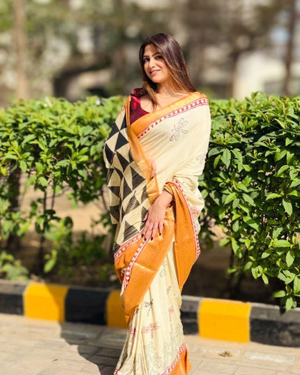 Morning Light Block Print Dola Silk Saree