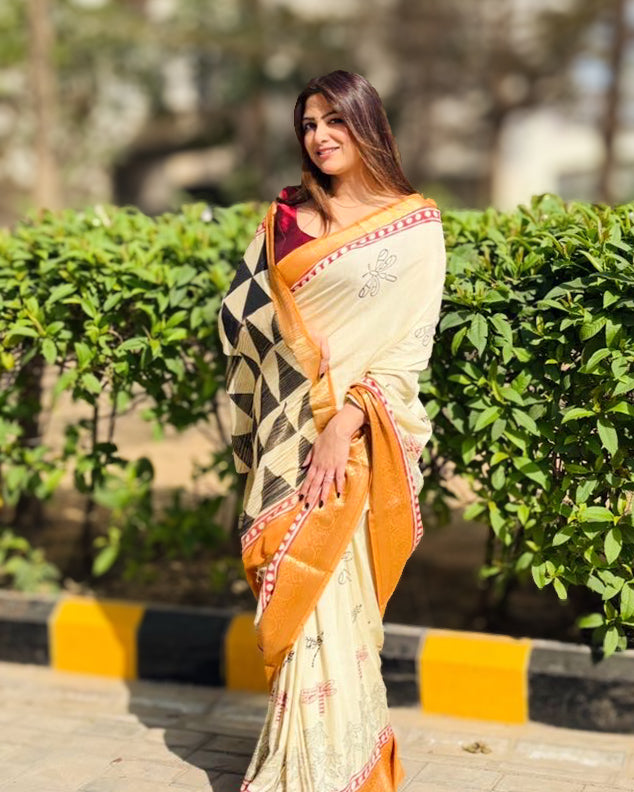 Morning Light Block Print Dola Silk Saree