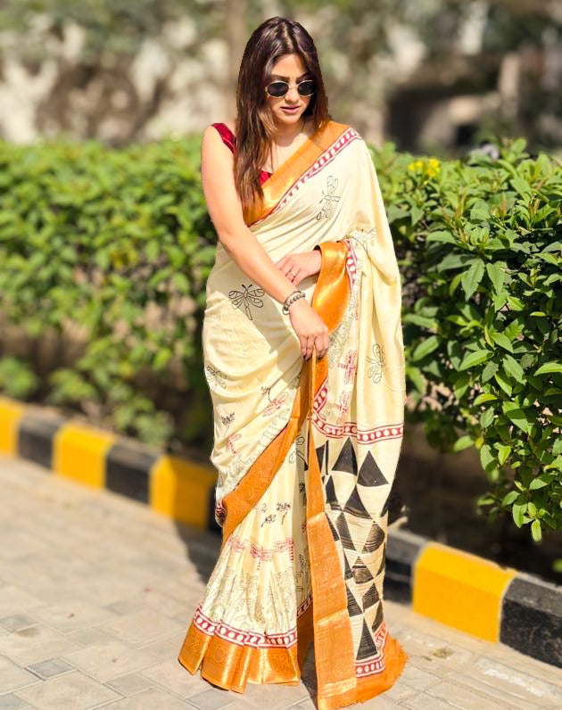 Morning Light Block Print Dola Silk Saree
