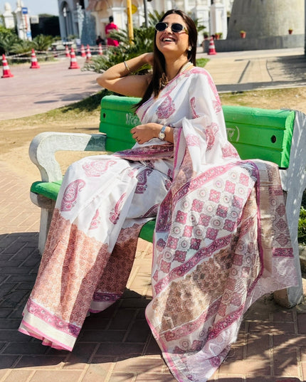 Pearl White Paisley Hand-Block Art Silk Saree